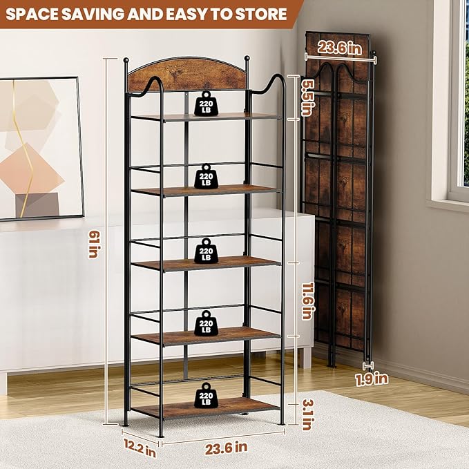 Folding Bookshelf No Assembly, 5 Shelf Black Folding Bookcase, Industrial Tall Metal Collapsible Corner Book Shelf with Storage Shelves for Bedroom, Living Room, Home Office Organization - LeafyLoom