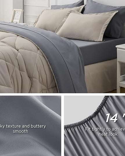 Bedsure Beige Comforter Set - 7 Pieces Reversible Bed in a Bag with Comforters, Sheets, Pillowcases & Shams, Bedding Sets - LeafyLoom
