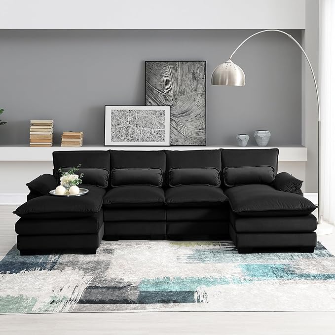 Symmetrical Modular Sectional Sofa with Chaise Lounge, 6 Seater Velvet Upholstered Cloud Couch, U Shaped Oversized Sleeper Sofa&Couches with Thicked Cushion & Detackable Backrest Living Room - LeafyLoom