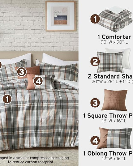 Intelligent Design Queen Comforter Set Plaid Classic Cabin Lodge Comforter Queen Size, Modern Casual, Lightweight All Season Bedding Set Queen, Sham, Décor Pillows, Blake, Full/Queen, Tan/Gray 5 Piece - LeafyLoom