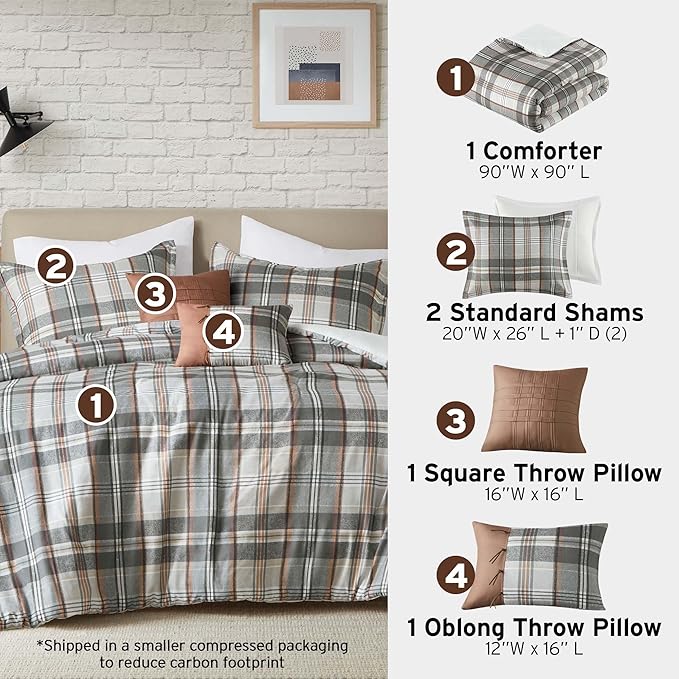 Intelligent Design Queen Comforter Set Plaid Classic Cabin Lodge Comforter Queen Size, Modern Casual, Lightweight All Season Bedding Set Queen, Sham, Décor Pillows, Blake, Full/Queen, Tan/Gray 5 Piece - LeafyLoom