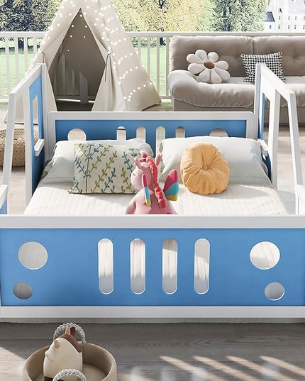 Full Size Floor Bed for Kids, Race Car-Shaped Wooden Platform Montessori Bed Frame with Guardrail and Door for Boys Girls Child's Bedroom, Slats Included, No Spring Need (Blue) - LeafyLoom
