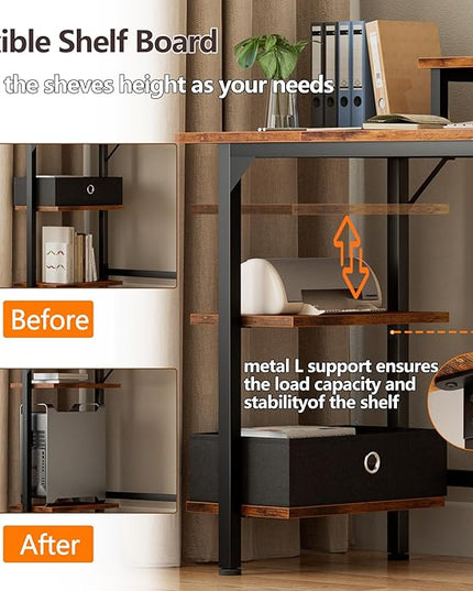 Furologee Desk with Power Outlets and LED Lights, 47" Computer Office Desk with Shelves and Fabric Drawer, Reversible Gaming Study Table with Monitor Stand and Hooks, Rustic Brown - LeafyLoom