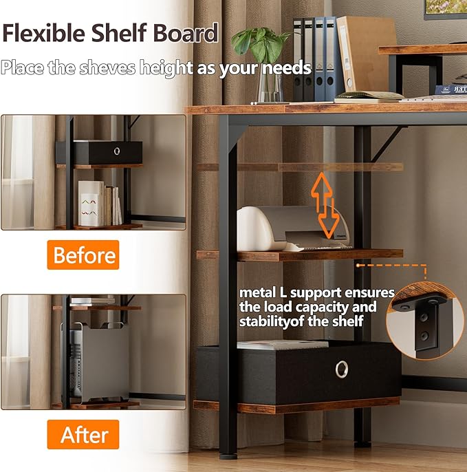 Furologee Desk with Power Outlets and LED Lights, 47" Computer Office Desk with Shelves and Fabric Drawer, Reversible Gaming Study Table with Monitor Stand and Hooks, Rustic Brown - LeafyLoom