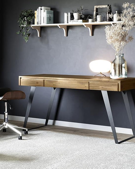 SIMPLIHOME Lowry SOLID WOOD and Metal Modern Industrial 54 inch Wide Home Office Desk, Writing Table, Workstation, Study Table Furniture in Distressed Golden Wheat with 2 Drawers - LeafyLoom