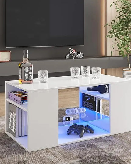 HOMMPA LED Coffee Tables for Living Room Modern White Coffee Table with 3 Shelves Open Glass Storage High Glossy Center Table Sofa Cocktail Table with 16 Colors LED Lights for Home Furniture White - LeafyLoom
