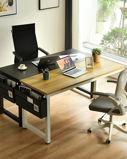 Computer Desk - 63 Inch Large Home Office Desk Wood Study Writing Table Workstation Storage Bag Headphone Hooks Simple Gaming Desk Rustic White/Walnut - LeafyLoom