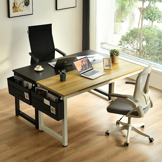 Computer Desk - 63 Inch Large Home Office Desk Wood Study Writing Table Workstation Storage Bag Headphone Hooks Simple Gaming Desk Rustic White/Walnut - LeafyLoom