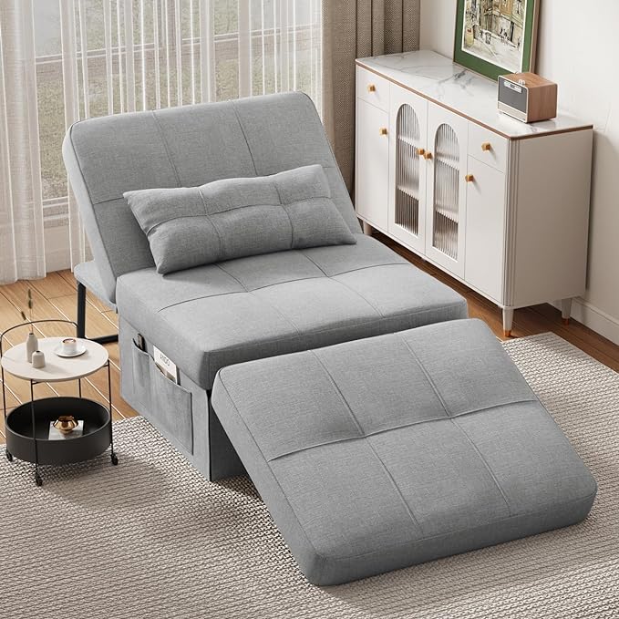 Aiho 4 in 1 Chair Bed, Sleeper Sofa Bed Convertible Chair, Assembly-Free Sofa Chair Bed with Adjustable Backrest Breathable Linen, for Living Room Apartment Office, Light Grey - LeafyLoom