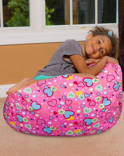 Posh Creations Bean Bag Chair for Kids, Teens, and Adults Includes Removable and Machine Washable Cover, Canvas Multi-Colored Hearts on Pink, 27in - Medium - LeafyLoom