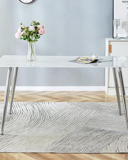 NicBex Modern Minimalist Rectangular Dining Table with 0.4 Inch White Imitation Marble Tabletop and Silver Metal Legs Suitable for Kitchens, Restaurants, and Living Rooms, White - LeafyLoom
