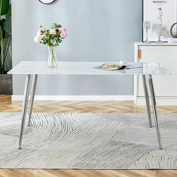 NicBex Modern Minimalist Rectangular Dining Table with 0.4 Inch White Imitation Marble Tabletop and Silver Metal Legs Suitable for Kitchens, Restaurants, and Living Rooms, White - LeafyLoom