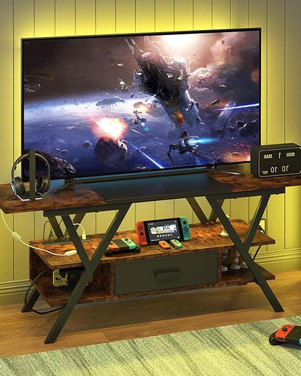Yusong 65 inch LED TV Stand, Entertainment Center Gaming TV Table with Outlets, Up to 65" Media Console for Living Room, 29+DIY Dynamic RGB Modes, Rustic Brown and Black - LeafyLoom