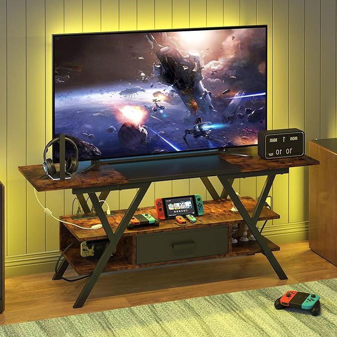 Yusong 65 inch LED TV Stand, Entertainment Center Gaming TV Table with Outlets, Up to 65" Media Console for Living Room, 29+DIY Dynamic RGB Modes, Rustic Brown and Black - LeafyLoom