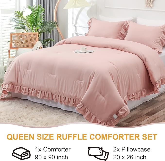 Blush Pink Double Ruffle Comforter Set Queen Size (90x90 Inch), 3 Pcs Farmhouse Vintage Comforter Set (1 Ruffled Comforter and 2 Pillowcase), Rustic All Season Down Alternative Bedding Set - LeafyLoom