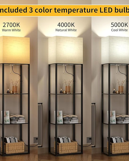 Dott Arts Floor Lamp with Shelves, Wide Floor Lamps for Living Room Display Shelf Lamps with 3 Color LED Bulb,Storage Wood Modern Floor Lamp for Bedroom Standing Lamp for Living Room Office（Black） - LeafyLoom