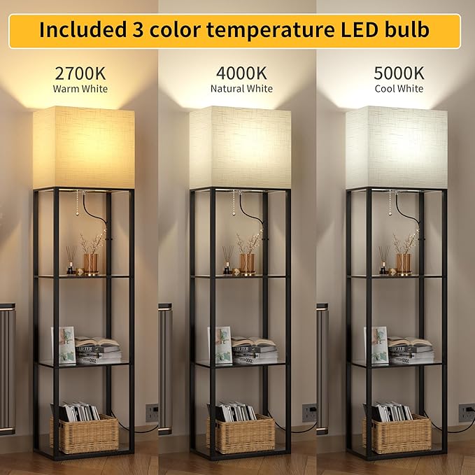 Dott Arts Floor Lamp with Shelves, Wide Floor Lamps for Living Room Display Shelf Lamps with 3 Color LED Bulb,Storage Wood Modern Floor Lamp for Bedroom Standing Lamp for Living Room Office（Black） - LeafyLoom