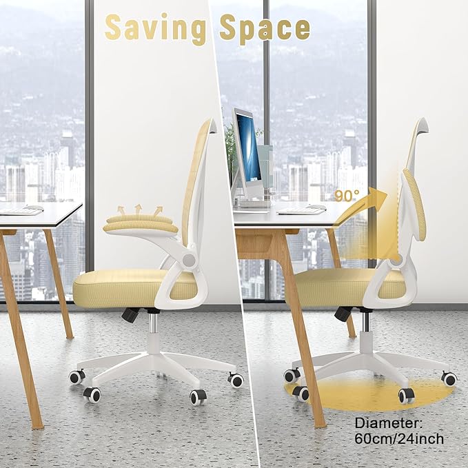 naspaluro Ergonomic Office Chair, Mid Back Desk Chair with Adjustable Height, Flip-Up Arms and Lumbar Support, Breathable Mesh Swivel Computer Chair for Home Study Working/Light Yellow - LeafyLoom