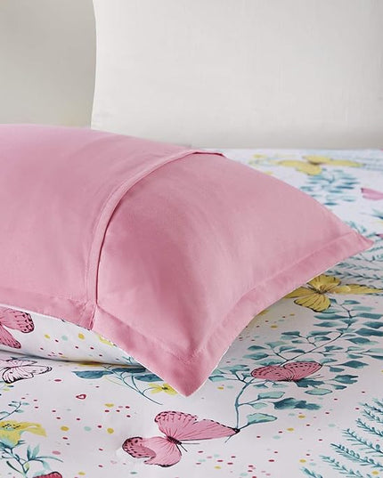 Mi Zone Kids Cynthia Comforter for Girls Microfiber Animal Butterfly Print, Modern All Season Down Alternative Kids Bed Set, Matching Sham, Decorative Pillow, Full/Queen, Pink 4 Piece - LeafyLoom