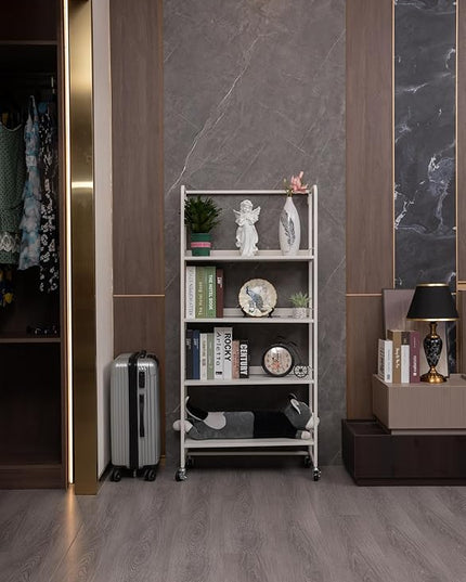 No-Assembly Folding Bookshelf Storage Rack Shelves with Castors 4 Tiers Vintage Bookcase Standing Racks Multifunctional Plant Flower Stand Study Organizer for Home Office (Metal,White) - LeafyLoom
