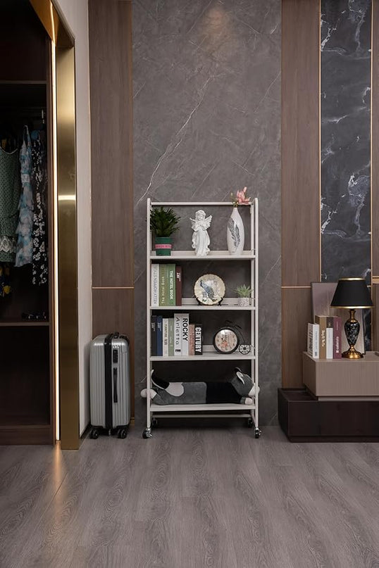 No-Assembly Folding Bookshelf Storage Rack Shelves with Castors 4 Tiers Vintage Bookcase Standing Racks Multifunctional Plant Flower Stand Study Organizer for Home Office (Metal,White) - LeafyLoom