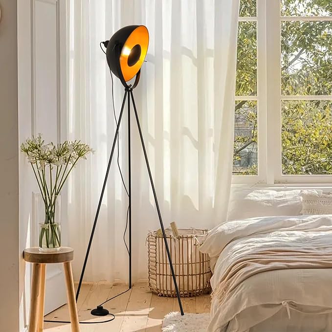 Modern Industrial Tripod LED Satellite Floor Lamp for Living Room, Adjustable Gold Lampshade Spotlight Standing Lamp with Foot Switch, Retro Black E26 Base Floor Light Fixture for Bedroom, Office - LeafyLoom