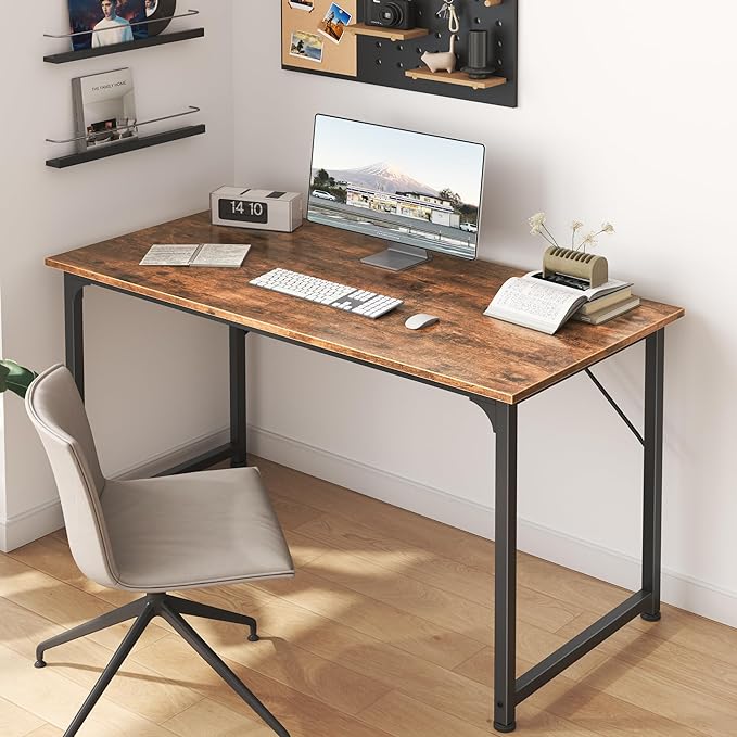 Computer Desk, 40 Inch Office Desk, Gaming Desk with Storage, Writing Desk Work Desk for Home Office, Study, Modern Simple Desk, Large Legroom, Metal Frame, Rustic Brown - LeafyLoom