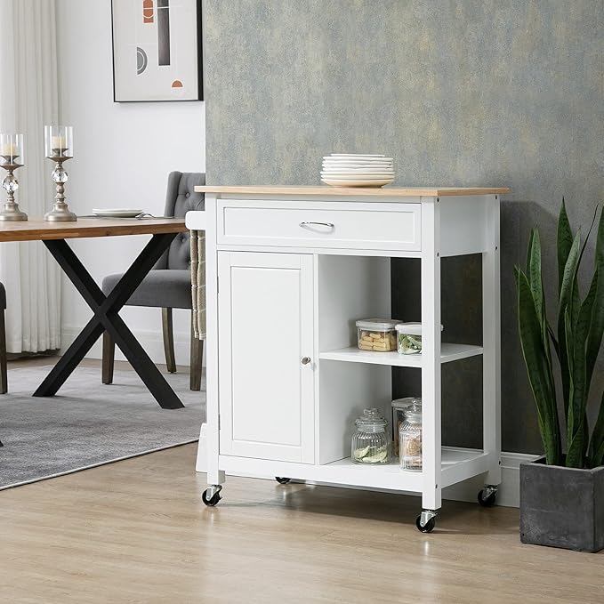 HOMCOM Kitchen Island Cart, Rolling Kitchen Island with Storage Shelf, Solid Wood Top, Drawer, for Dining Room, White - LeafyLoom