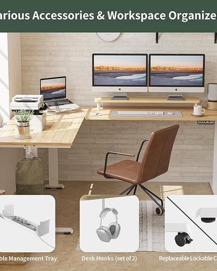 FEZIBO 75 Inches Triple Motor L Shaped Standing Desk Reversible, Electric Height Adjustable Corner Stand up Desk, Sit Stand Desk Computer Workstation, White Frame/Natural Top - LeafyLoom