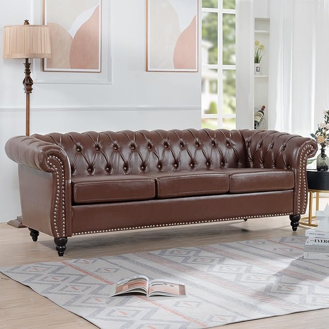 3-Seaters Living Room Clasic Chesterfield Sofa Couch Button Tufted PU Leather Upholstered Sofa&Couch with Luxury Roller Armrest Soild Wood Legs Movable Cushions & Nailhead Decor - LeafyLoom