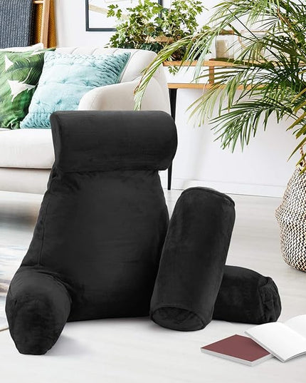 Clara Clark Reading Pillow, Large Back Pillow for Sitting Up in Bed, Memory Foam Back Support Pillow, Reading Pillows for Sitting in Bed Adult, Black Sit Up Pillow for Bed Chair with Arms and Pockets - LeafyLoom