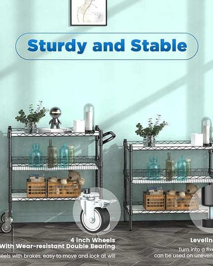 3 Tier Rolling Carts with Wheels,990Lbs Heavy Duty Rolling Utility Cart,NSF Commercial Grade Metal Cart with Handle&Shelf Liner,Trolley Serving Cart for Kitchen,Restaurant,Plant Display,Black - LeafyLoom