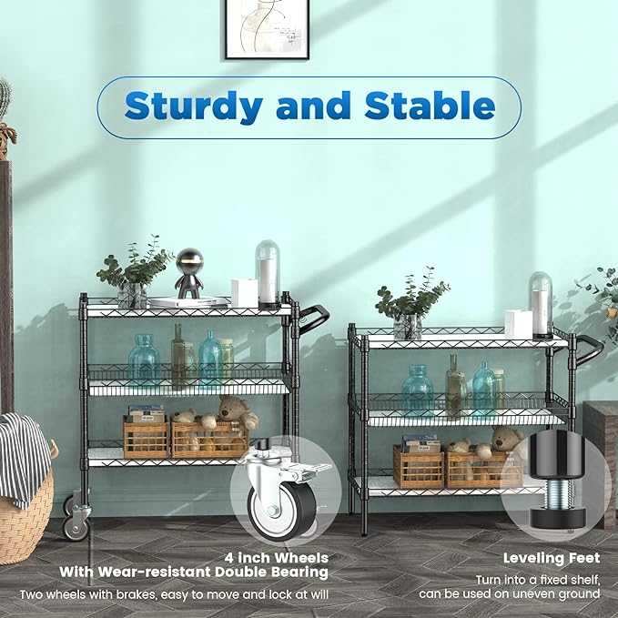 3 Tier Rolling Carts with Wheels,990Lbs Heavy Duty Rolling Utility Cart,NSF Commercial Grade Metal Cart with Handle&Shelf Liner,Trolley Serving Cart for Kitchen,Restaurant,Plant Display,Black - LeafyLoom