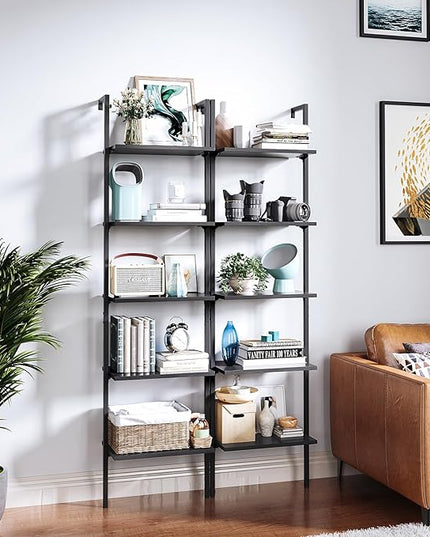 ODK Ladder Shelf, 5 Tier Black Bookshelf, 72 Inch Wall Mounted Book Shelf with Metal Frame, Ladder Bookshelf Bookcase for Bedroom, Home Office and Living Room - LeafyLoom