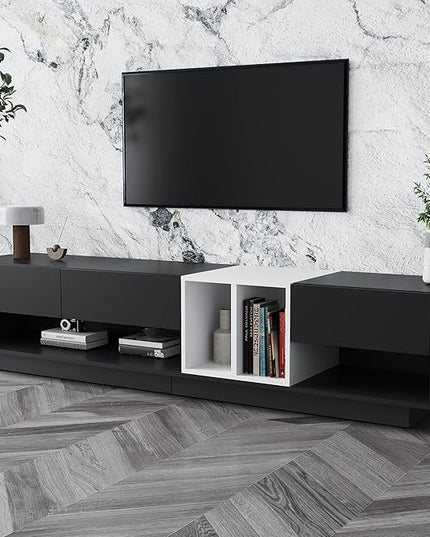 Merax Sleek and Stylish TV Stand with Perfect Storage Solution, Two-Tone Media Console for Television Up to 80'', Functional Cabinet with Versatile Compartment for Living Room, Black - LeafyLoom