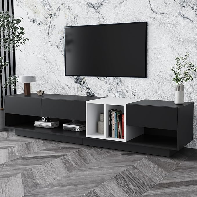 Merax Sleek and Stylish TV Stand with Perfect Storage Solution, Two-Tone Media Console for Television Up to 80'', Functional Cabinet with Versatile Compartment for Living Room, Black - LeafyLoom