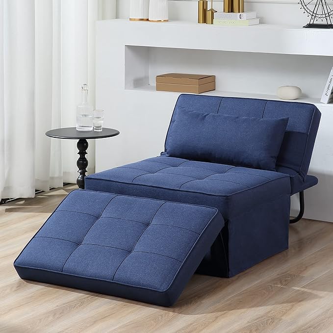 Sofa Bed, 4 in 1 Multi-Function Folding Ottoman Breathable Linen Couch Bed with Adjustable Backrest Modern Convertible Chair for Living Room Apartment Office,Blue - LeafyLoom