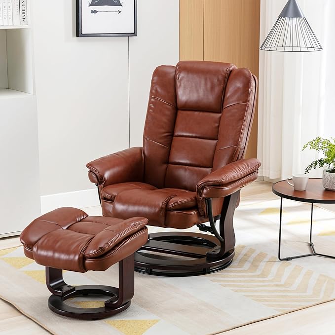 JC Home Swivel Ottoman Bonded Leather Recliner Chair and Foot Rest for Living Room, Home Theater, Man Cave, Bedroom-Round Mahogany Base-Modern, Contemporary Furniture, Extra Large, Tan - LeafyLoom