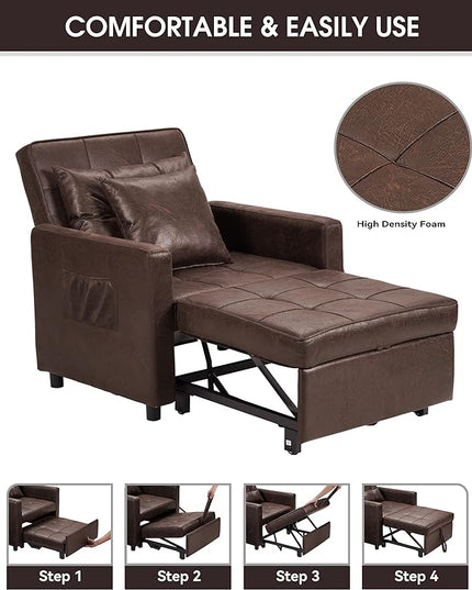 XSPRACER [UPDATED] Convertible Chair Bed, Sleeper Chair Bed 3 in 1, Stepless Adjustable Backrest,Armchair, Sofa, Bed, PU Imitation, Brown, Single One - LeafyLoom