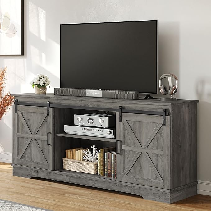 YITAHOME Farmhouse TV Stand for 65/60/55 Inch, Modern Entertainment Center with Sliding Barn Door, Wood TV Media Console Storage TV Cabinet for Living Room for 300lbs, Rustic Grey - LeafyLoom