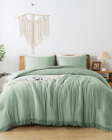 Andency Comforter King Size Bed Set Sage Green, 3 Pieces Boho Lightweight Winter Bedding Comforters & Sets, All Season Soft Tassel Bed Set (104x90In Comforter & 2 Pillowcases) - LeafyLoom