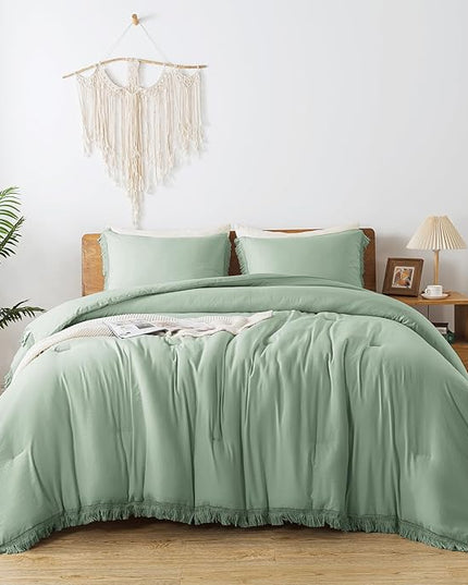 Andency Sage Green Tassel Comforter Set Full(79x90Inch), 3 Pieces(1 Fringe Comforter, 2 Pillowcases) Boho Farmhouse Shabby Chic , Microfiber Lightweight Bedding Set - LeafyLoom