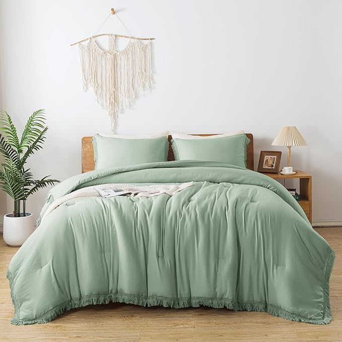 Andency Sage Green Tassel Comforter Set Full(79x90Inch), 3 Pieces(1 Fringe Comforter, 2 Pillowcases) Boho Farmhouse Shabby Chic , Microfiber Lightweight Bedding Set - LeafyLoom