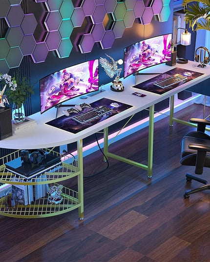 Unikito L Shaped Desk with Power Outlet, 98.4" Reversible Corner Computer Table with Storage Shelves and Bag, Modern 2 Person Large Long Desk for Home Office Writing Study Workstation, White - LeafyLoom