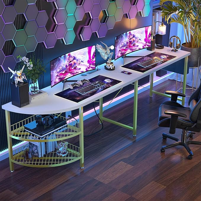Unikito L Shaped Desk with Power Outlet, 98.4" Reversible Corner Computer Table with Storage Shelves and Bag, Modern 2 Person Large Long Desk for Home Office Writing Study Workstation, White - LeafyLoom