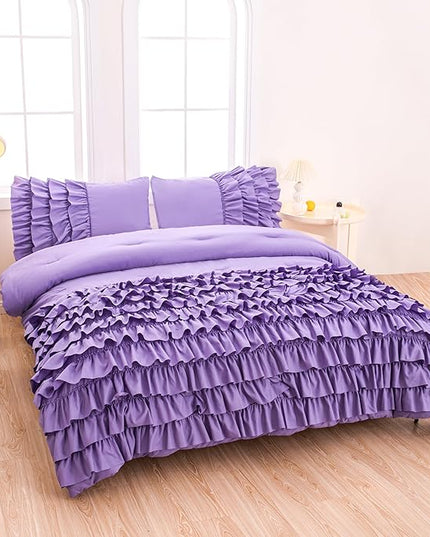 Purple Comforter Set Full Size, Light Purple Boho Ruffle Bedding Set, 3Pcs Kids Girls Full Size Bedding Sets for All Season - LeafyLoom