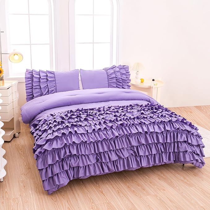 Purple Comforter Set Full Size, Light Purple Boho Ruffle Bedding Set, 3Pcs Kids Girls Full Size Bedding Sets for All Season - LeafyLoom