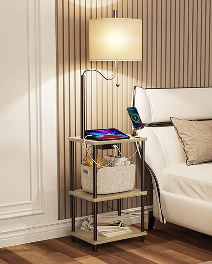 Set of 2 End Table with Lamp, Floor Lamp with Table Attached for Living Room, Small Bedside Nightstand Shelves, Side Table Reading Standing Light for Bedroom with USB Ports Type-C - LeafyLoom