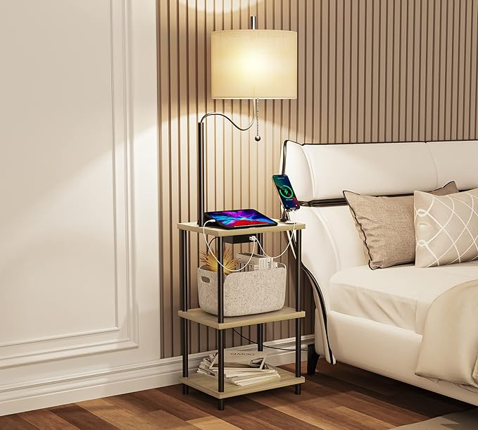 Set of 2 End Table with Lamp, Floor Lamp with Table Attached for Living Room, Small Bedside Nightstand Shelves, Side Table Reading Standing Light for Bedroom with USB Ports Type-C - LeafyLoom