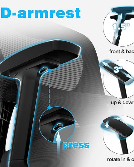 GABRYLLY Ergonomic Mesh Office Chair, Home Desk Chair with Adjustable Lumbar Support, 3D Armrest, Headrest, 4-Level Tilt Back, High Back Ergonomic Chairs with Wide Cushion Seat - LeafyLoom